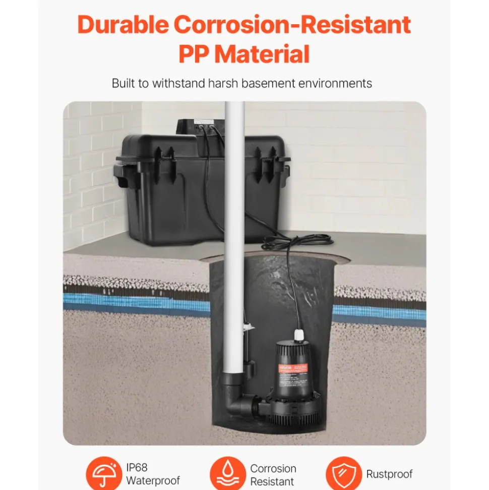 VEVOR Basement Emergency Back-Up Sump Pump, 2000GPH 0.17 HP Backup Sump Pump System, with 15V Adapter, Float Switch, 24-Hour-a-Day Monitoring Controller, Alerts, and Charger, Black