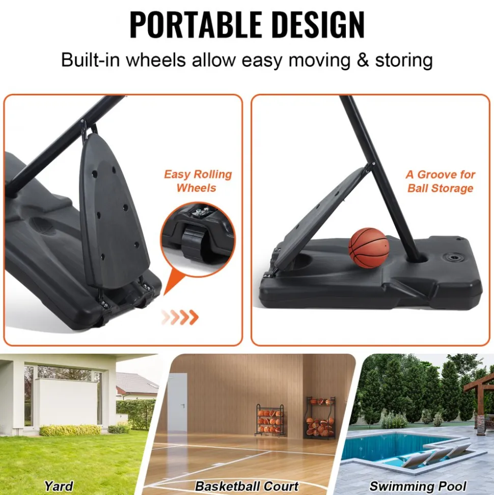 VEVOR Basketball Hoop, 7.6-10 ft Adjustable Height Portable Backboard System, 54 inch Basketball Hoop & Goal, Kids & Adults Basketball Set with Wheels, Stand, and Fillable Base, for Outdoor/Indoor