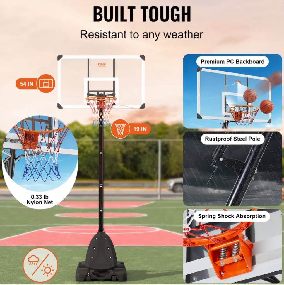 VEVOR Basketball Hoop, 7.6-10 ft Adjustable Height Portable Backboard System, 54 inch Basketball Hoop & Goal, Kids & Adults Basketball Set with Wheels, Stand, and Fillable Base, for Outdoor/Indoor