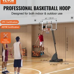 VEVOR Basketball Hoop, 7.6-10 ft Adjustable Height Portable Backboard System, 54 inch Basketball Hoop & Goal, Kids & Adults Basketball Set with Wheels, Stand, and Fillable Base, for Outdoor/Indoor