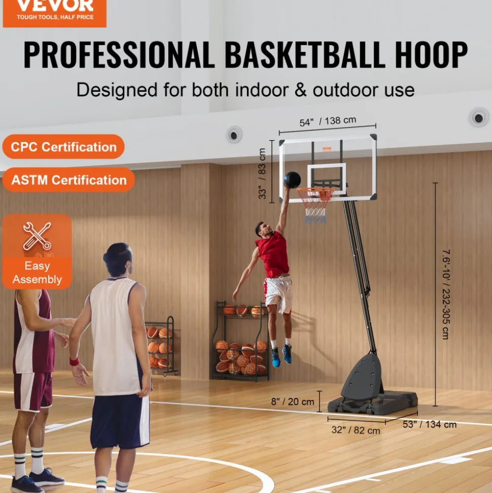 VEVOR Basketball Hoop, 7.6-10 ft Adjustable Height Portable Backboard System, 54 inch Basketball Hoop & Goal, Kids & Adults Basketball Set with Wheels, Stand, and Fillable Base, for Outdoor/Indoor