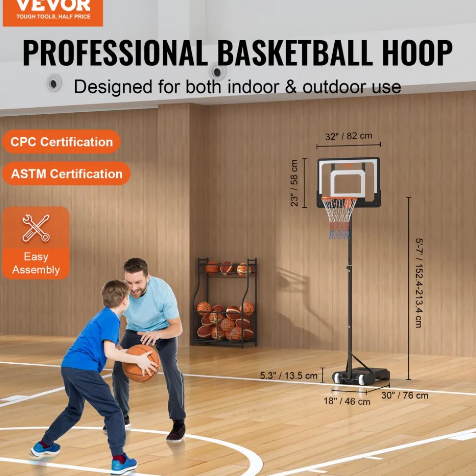 VEVOR Basketball Hoop, 5-7 ft Adjustable Height Portable Backboard System, 32 inch Basketball Hoop & Goal, Kids & Adults Basketball Set with Wheels, Stand, and Fillable Base, for Outdoor/Indoor