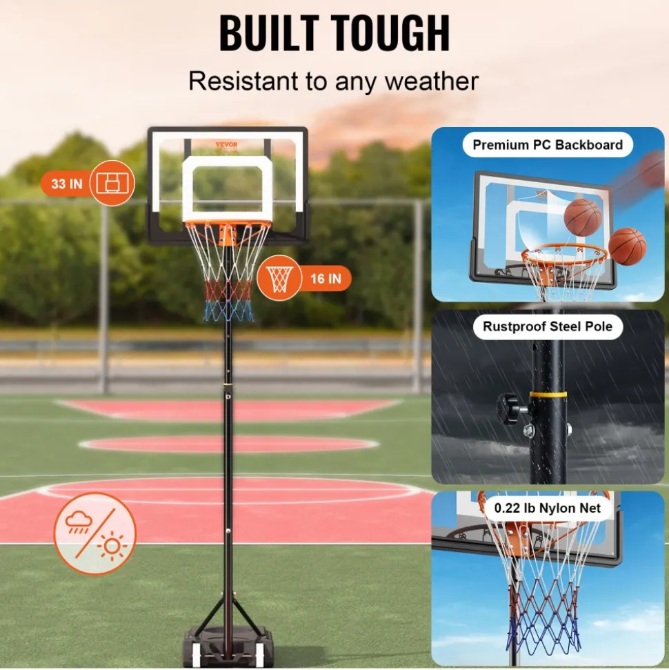 VEVOR Basketball Hoop, 5-7 ft Adjustable Height Portable Backboard System, 32 inch Basketball Hoop & Goal, Kids & Adults Basketball Set with Wheels, Stand, and Fillable Base, for Outdoor/Indoor
