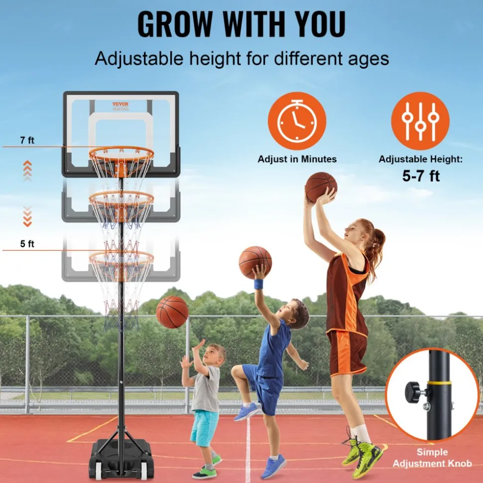 VEVOR Basketball Hoop, 5-7 ft Adjustable Height Portable Backboard System, 32 inch Basketball Hoop & Goal, Kids & Adults Basketball Set with Wheels, Stand, and Fillable Base, for Outdoor/Indoor