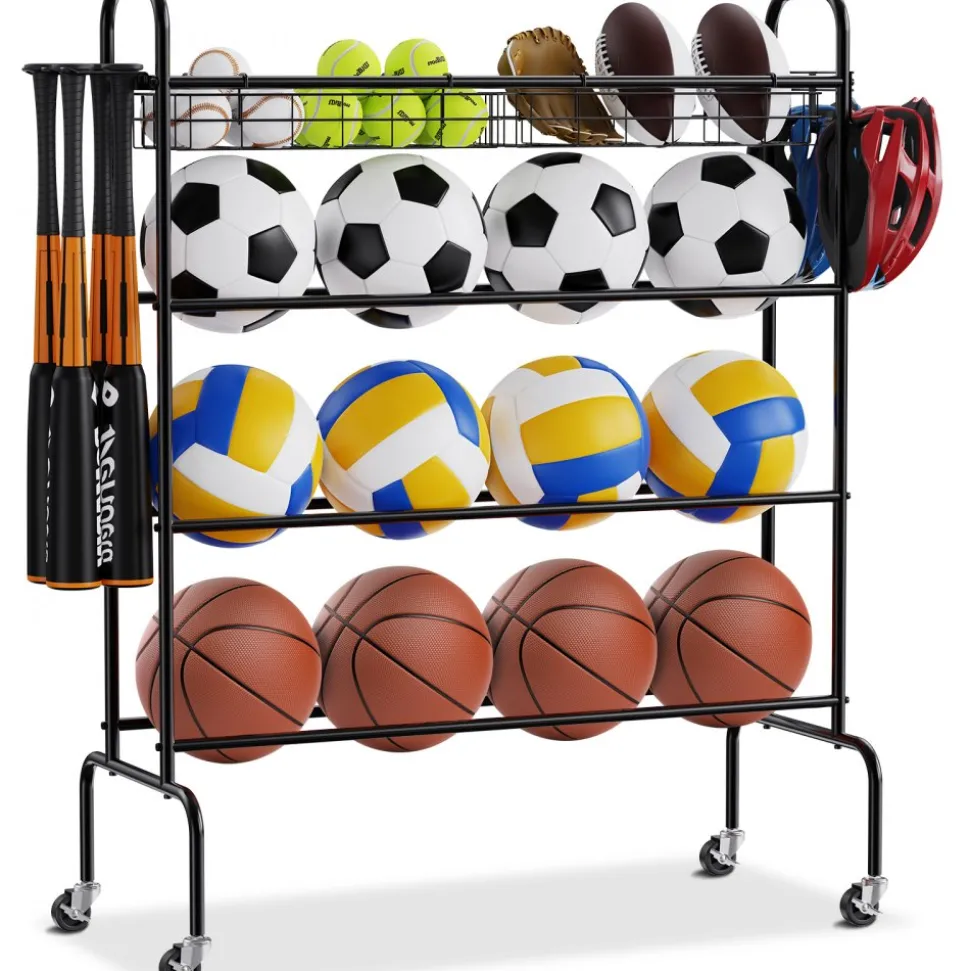 VEVOR Basketball Rack, 4-Layers Rolling Basketball Shooting Training Stand, Sports Equipment Storage Organizer with Wheels, Hooks and Baskets, Garage Ball Storage Holder for Football Soccer Volleyball