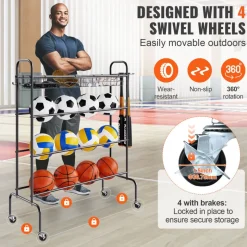 VEVOR Basketball Rack, 4-Layers Rolling Basketball Shooting Training Stand, Sports Equipment Storage Organizer with Wheels, Hooks and Baskets, Garage Ball Storage Holder for Football Soccer Volleyball