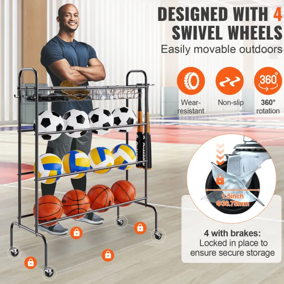 VEVOR Basketball Rack, 4-Layers Rolling Basketball Shooting Training Stand, Sports Equipment Storage Organizer with Wheels, Hooks and Baskets, Garage Ball Storage Holder for Football Soccer Volleyball