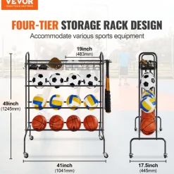 VEVOR Basketball Rack, 4-Layers Rolling Basketball Shooting Training Stand, Sports Equipment Storage Organizer with Wheels, Hooks and Baskets, Garage Ball Storage Holder for Football Soccer Volleyball