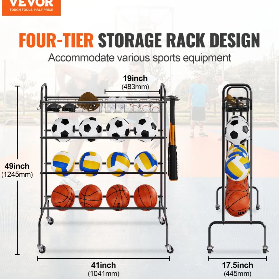 VEVOR Basketball Rack, 4-Layers Rolling Basketball Shooting Training Stand, Sports Equipment Storage Organizer with Wheels, Hooks and Baskets, Garage Ball Storage Holder for Football Soccer Volleyball