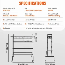 VEVOR Basketball Rack, 4-Layers Rolling Basketball Shooting Training Stand, Sports Equipment Storage Organizer with Wheels, Hooks and Baskets, Garage Ball Storage Holder for Football Soccer Volleyball