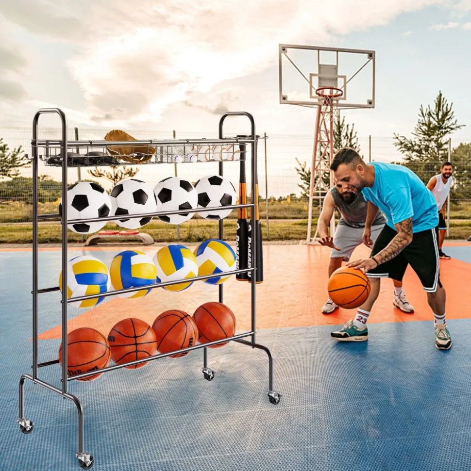 VEVOR Basketball Rack, 4-Layers Rolling Basketball Shooting Training Stand, Sports Equipment Storage Organizer with Wheels, Hooks and Baskets, Garage Ball Storage Holder for Football Soccer Volleyball