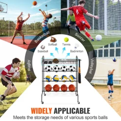 VEVOR Basketball Rack, 4-Layers Rolling Basketball Shooting Training Stand, Sports Equipment Storage Organizer with Wheels, Hooks and Baskets, Garage Ball Storage Holder for Football Soccer Volleyball