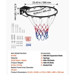 VEVOR Basketball Rim, Wall Door Mounted Basketball Hoop, Heavy Duty Q235 Basketball Flex Rim Goal Replacement with Net and Double Spring, Standard 18