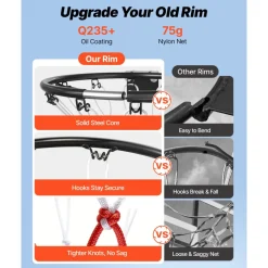 VEVOR Basketball Rim, Wall Door Mounted Basketball Hoop, Heavy Duty Q235 Basketball Flex Rim Goal Replacement with Net and Double Spring, Standard 18