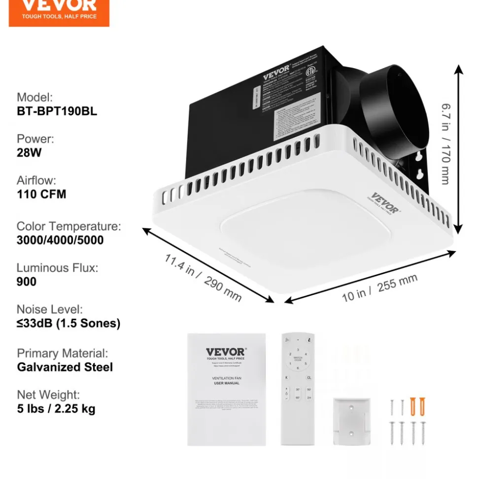 VEVOR Bathroom Exhaust Fan, 80 CFM Bathroom Vent, Low-Noise, Premium Motor Ceiling Fan, Standard 4-inch Duct Interface for Laundry Room, Storage Room, Home Ventilation, White