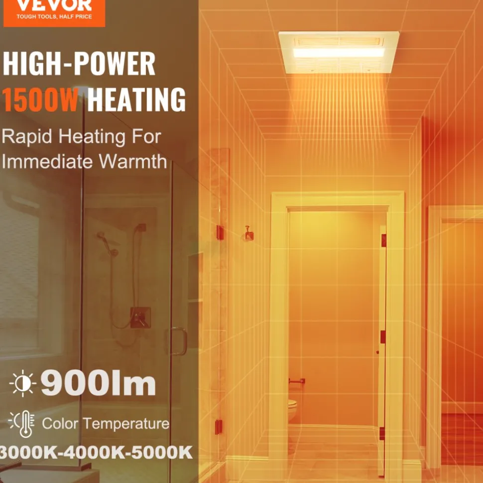 VEVOR Bathroom Exhaust Fan, 1500W Heating, 110 CFM High-Efficiency Ventilation, 1.5sones Low Noise Operation, Energy-Saving Bathroom Ceiling Fan, For Various Ceilings