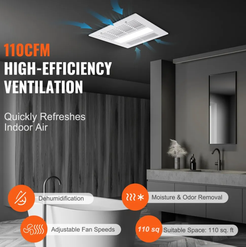 VEVOR Bathroom Exhaust Fan, 1500W Heating, 110 CFM High-Efficiency Ventilation, 1.5sones Low Noise Operation, Energy-Saving Bathroom Ceiling Fan, For Various Ceilings