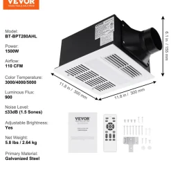 VEVOR Bathroom Exhaust Fan, 1500W Heating, 110 CFM High-Efficiency Ventilation, 1.5sones Low Noise Operation, Energy-Saving Bathroom Ceiling Fan, For Various Ceilings