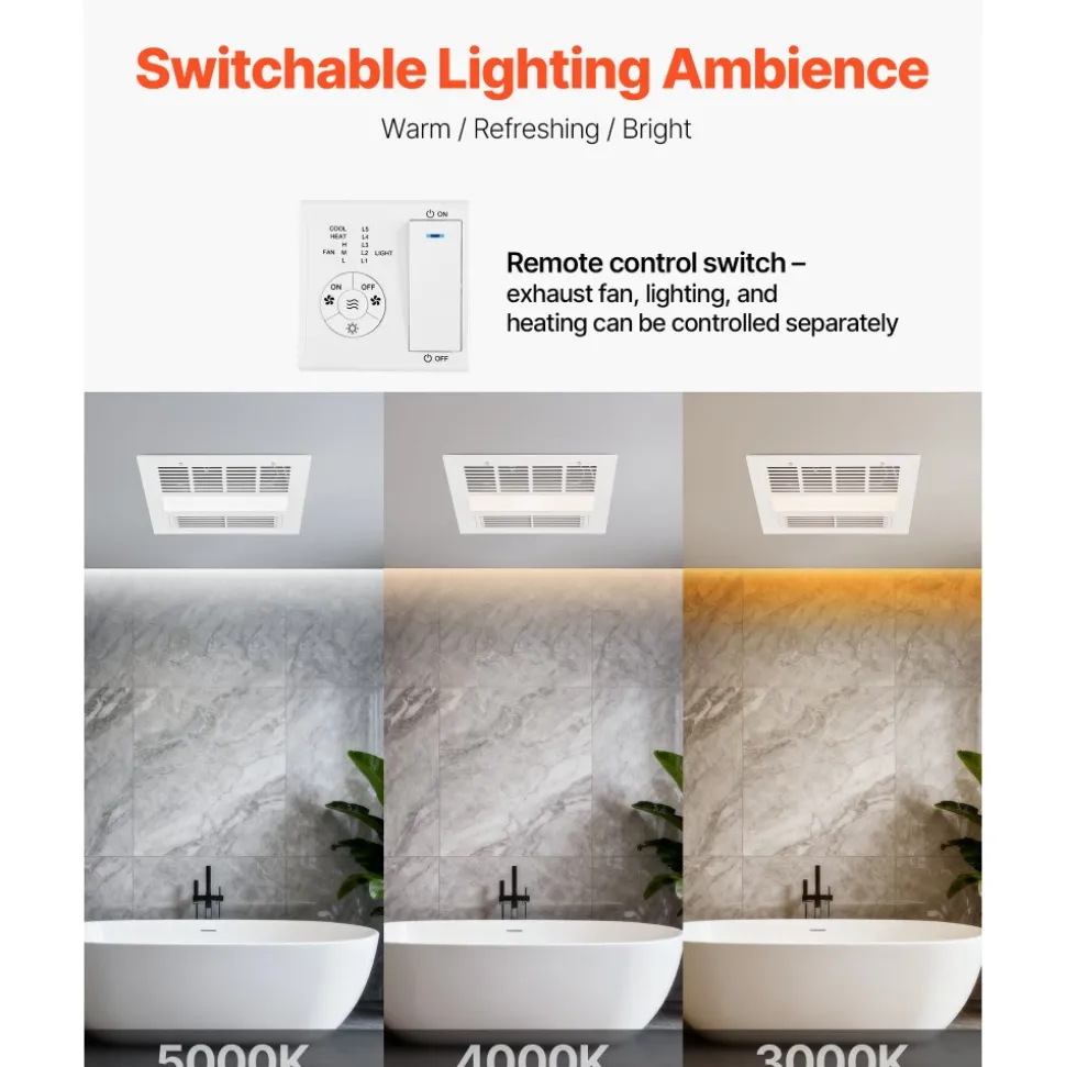 VEVOR Bathroom Exhaust Fan with Light and Heater, 80-90-110 CFM 1500W Bathroom Vent, 1.5 Sones Low-Noise, Premium DC Motor Ceiling Fan for Laundry Room, Storage Room, Home Ventilation, White