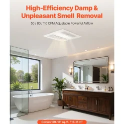 VEVOR Bathroom Exhaust Fan with Light and Heater, 80-90-110 CFM 1500W Bathroom Vent, 1.5 Sones Low-Noise, Premium DC Motor Ceiling Fan for Laundry Room, Storage Room, Home Ventilation, White