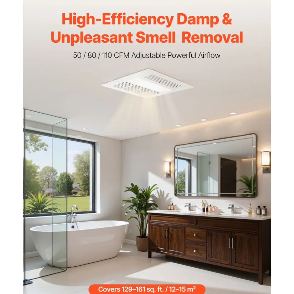 VEVOR Bathroom Exhaust Fan with Light and Heater, 80-90-110 CFM 1500W Bathroom Vent, 1.5 Sones Low-Noise, Premium DC Motor Ceiling Fan for Laundry Room, Storage Room, Home Ventilation, White