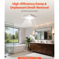 VEVOR Bathroom Exhaust Fan with LED Light, 130 CFM Bathroom Vent Three Gear Color Temp, 1.5 Sones Low-Noise, Premium AC Motor Ceiling Fan for Laundry Room, Storage Room, Home Ventilation, White