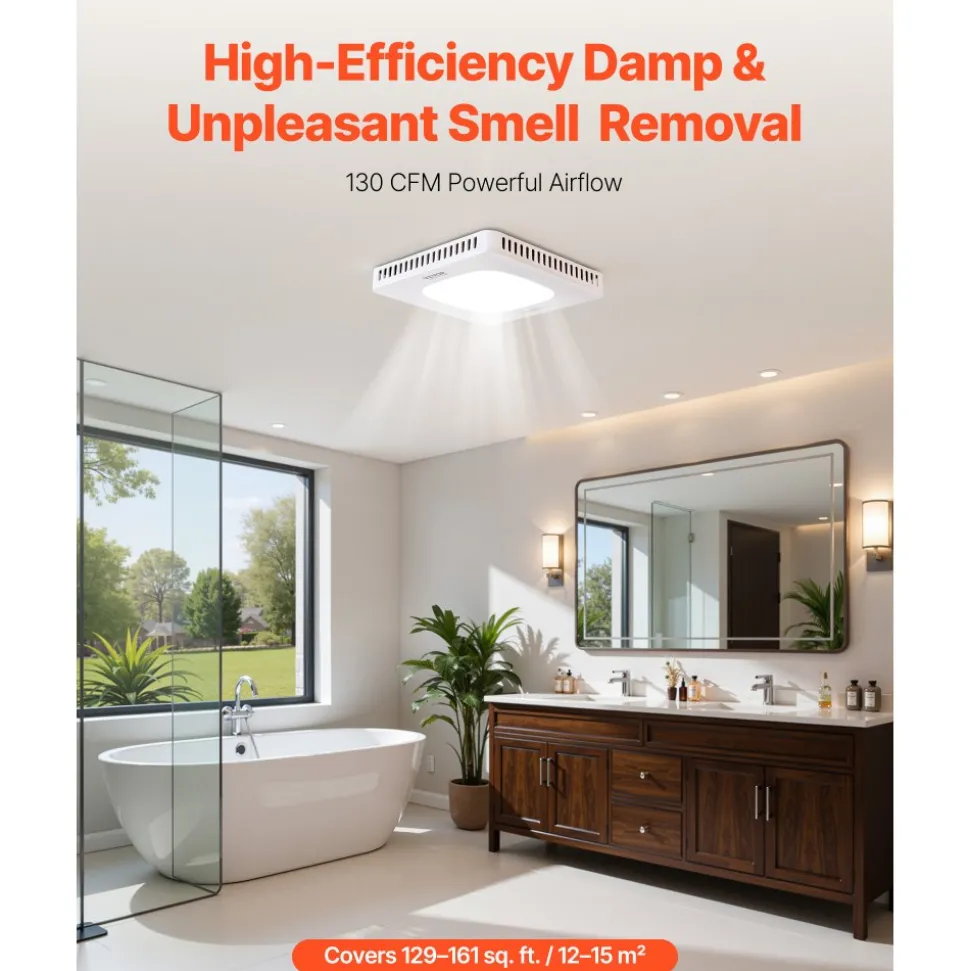 VEVOR Bathroom Exhaust Fan with LED Light, 130 CFM Bathroom Vent Three Gear Color Temp, 1.5 Sones Low-Noise, Premium AC Motor Ceiling Fan for Laundry Room, Storage Room, Home Ventilation, White