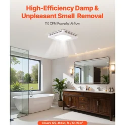 VEVOR Bathroom Exhaust Fan with LED Light, 110 CFM Bathroom Vent Three Gear Color Temp, 1.5 Sones Low-Noise, Premium AC Motor Ceiling Fan for Laundry Room, Storage Room, Home Ventilation, White