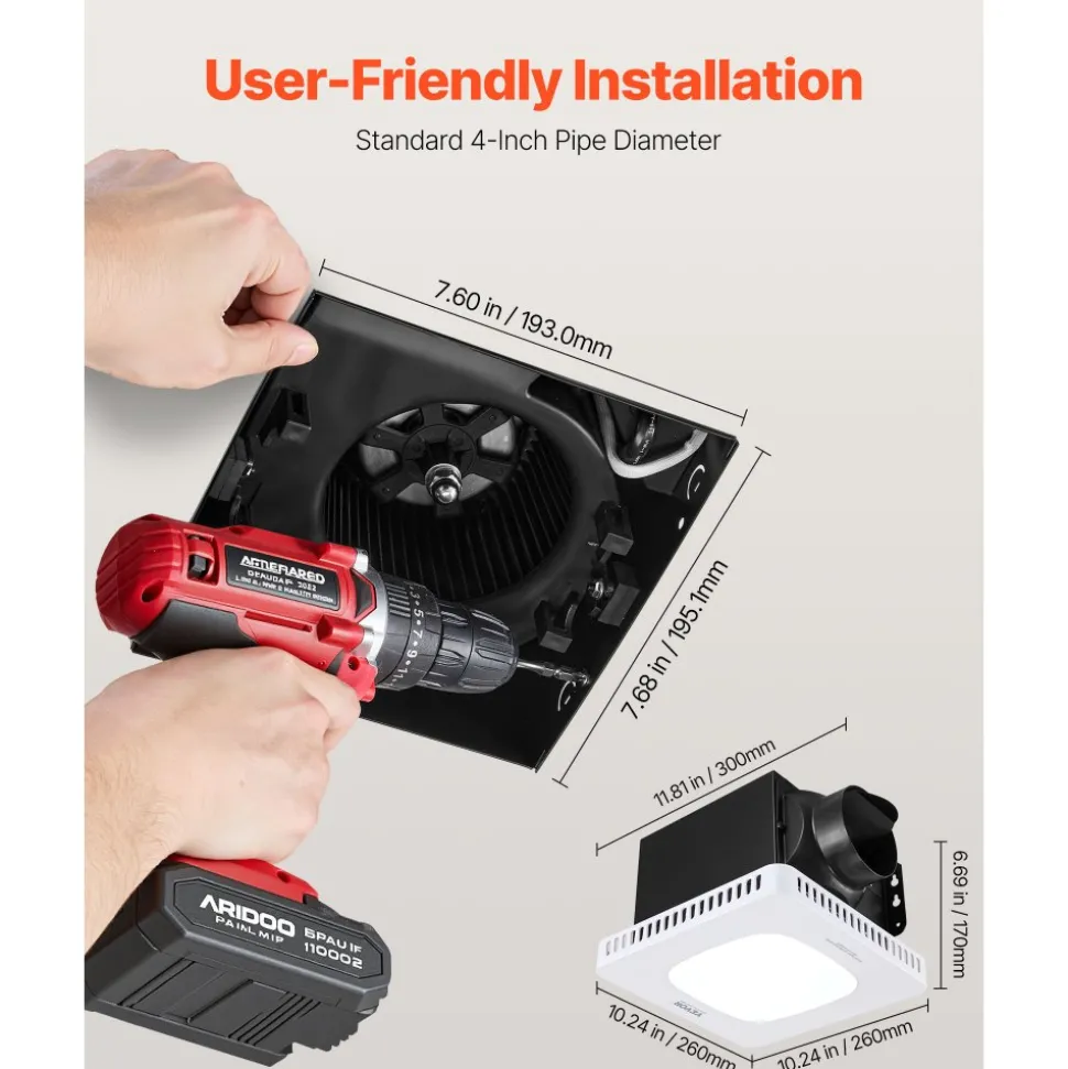 VEVOR Bathroom Exhaust Fan with LED Light, 110 CFM Bathroom Vent Three Gear Color Temp, 1.5 Sones Low-Noise, Premium AC Motor Ceiling Fan for Laundry Room, Storage Room, Home Ventilation, White