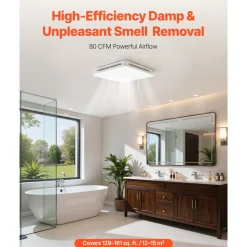 VEVOR Bathroom Exhaust Fan with LED Light, 80 CFM 4000K Bathroom Vent, 1.5 Sones Low-Noise, Premium Motor Ceiling Fan for Laundry Room, Storage Room, Home Ventilation, White