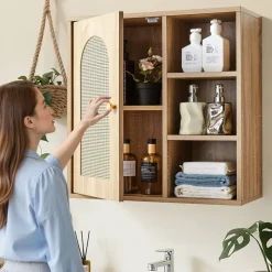 VEVOR Bathroom Wall Cabinet, Door and Adjustable Shelf with 5 Height Levels, Over the Toilet Storage Medicine Cabinet Wall Mounted, Hanging Organizer with Shelves for Laundry Room Kitchen Restroom