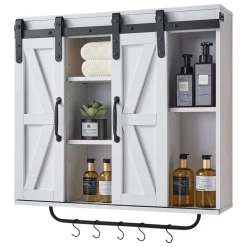 VEVOR Bathroom Wall Cabinet, 2 Doors and Adjustable Shelf, Over the Toilet Storage Medicine Cabinet Wall Mounted, Hanging Organizer with Open Partition/Towel Bar/Hooks for Laundry Room Kitchen, White