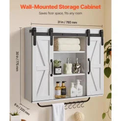 VEVOR Bathroom Wall Cabinet, 2 Doors and Adjustable Shelf, Over the Toilet Storage Medicine Cabinet Wall Mounted, Hanging Organizer with Open Partition/Towel Bar/Hooks for Laundry Room Kitchen, White