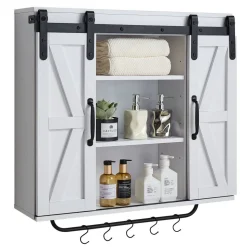 VEVOR Bathroom Wall Cabinet, 2 Doors and Adjustable Shelf, Over the Toilet Storage Medicine Cabinet Wall Mounted, Hanging Organizer with Open Partition/Towel Bar/Hooks for Laundry Room Kitchen, White