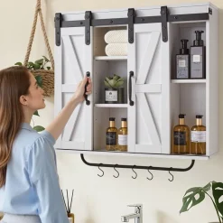 VEVOR Bathroom Wall Cabinet, 2 Doors and Adjustable Shelf, Over the Toilet Storage Medicine Cabinet Wall Mounted, Hanging Organizer with Open Partition/Towel Bar/Hooks for Laundry Room Kitchen, White