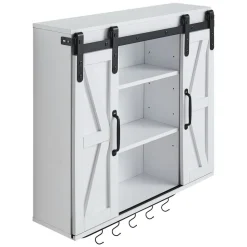 VEVOR Bathroom Wall Cabinet, 2 Doors and Adjustable Shelf, Over the Toilet Storage Medicine Cabinet Wall Mounted, Hanging Organizer with Open Partition/Towel Bar/Hooks for Laundry Room Kitchen, White