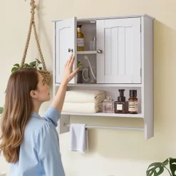 VEVOR Bathroom Wall Cabinet, 2 Doors and Adjustable Shelf, Over the Toilet Storage Medicine Cabinet Wall Mounted, Hanging Organizer with Open Partition and Towel Bar for Laundry Room Kitchen, White
