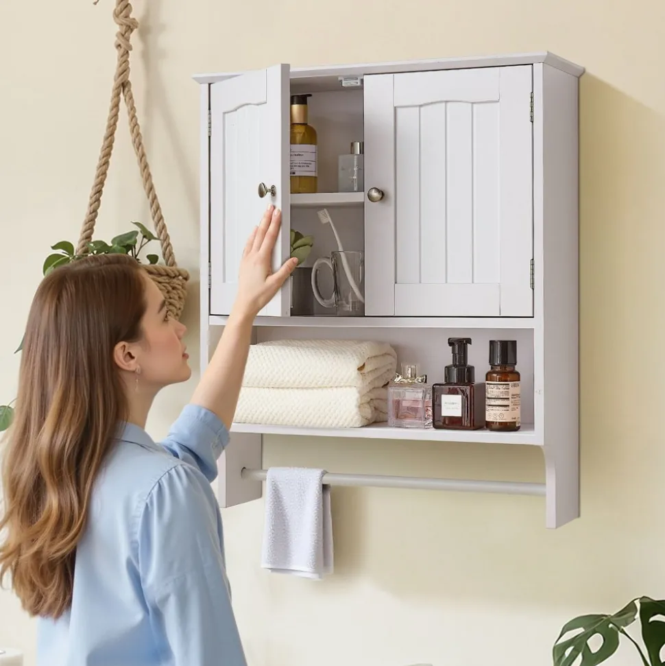 VEVOR Bathroom Wall Cabinet, 2 Doors and Adjustable Shelf, Over the Toilet Storage Medicine Cabinet Wall Mounted, Hanging Organizer with Open Partition and Towel Bar for Laundry Room Kitchen, White