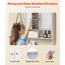 VEVOR Bathroom Wall Cabinet, 2 Doors and Adjustable Shelf, Over the Toilet Storage Medicine Cabinet Wall Mounted, Hanging Organizer with Open Partition and Towel Bar for Laundry Room Kitchen, White