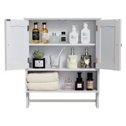VEVOR Bathroom Wall Cabinet, 2 Doors and Adjustable Shelf, Over the Toilet Storage Medicine Cabinet Wall Mounted, Hanging Organizer with Open Partition and Towel Bar for Laundry Room Kitchen, White
