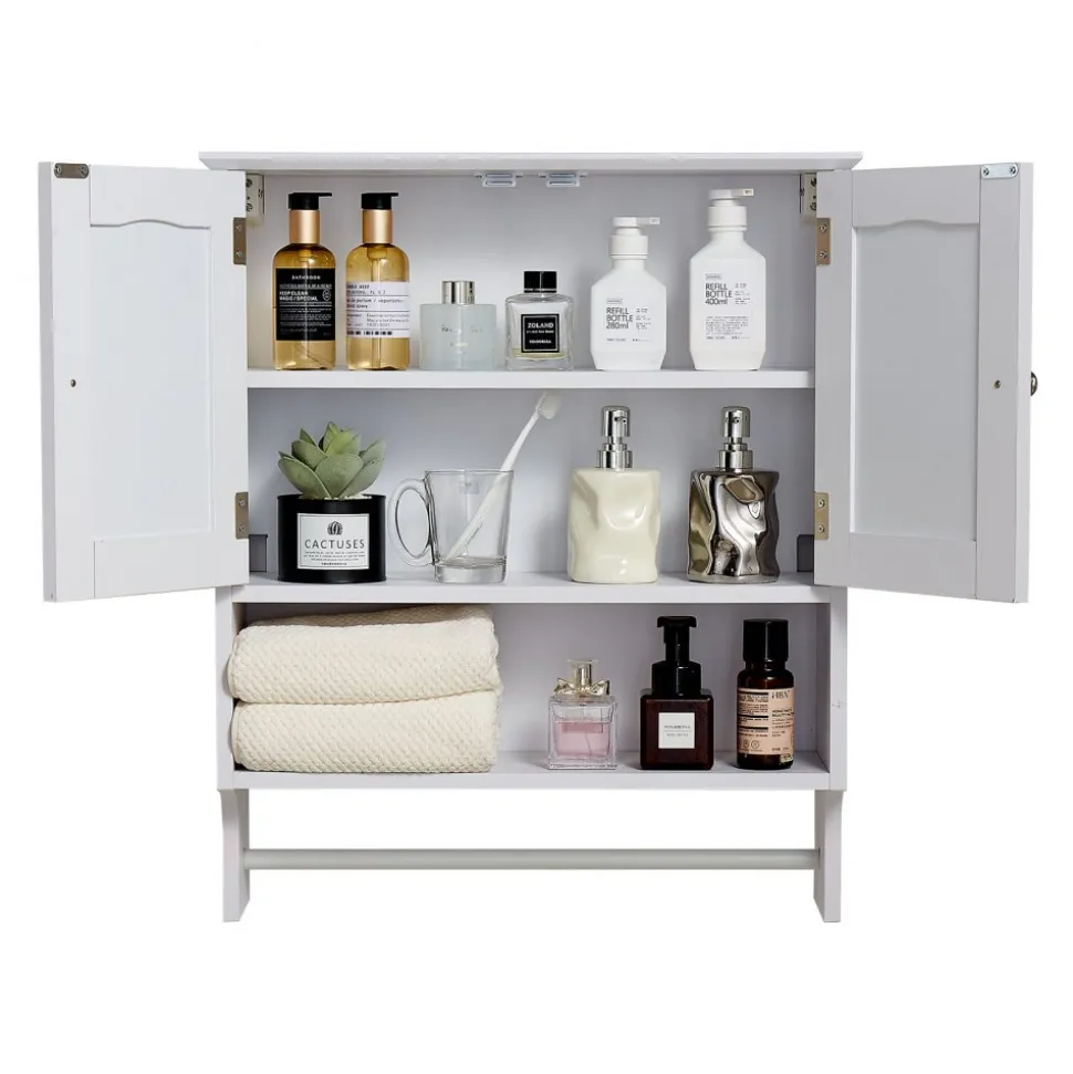 VEVOR Bathroom Wall Cabinet, 2 Doors and Adjustable Shelf, Over the Toilet Storage Medicine Cabinet Wall Mounted, Hanging Organizer with Open Partition and Towel Bar for Laundry Room Kitchen, White