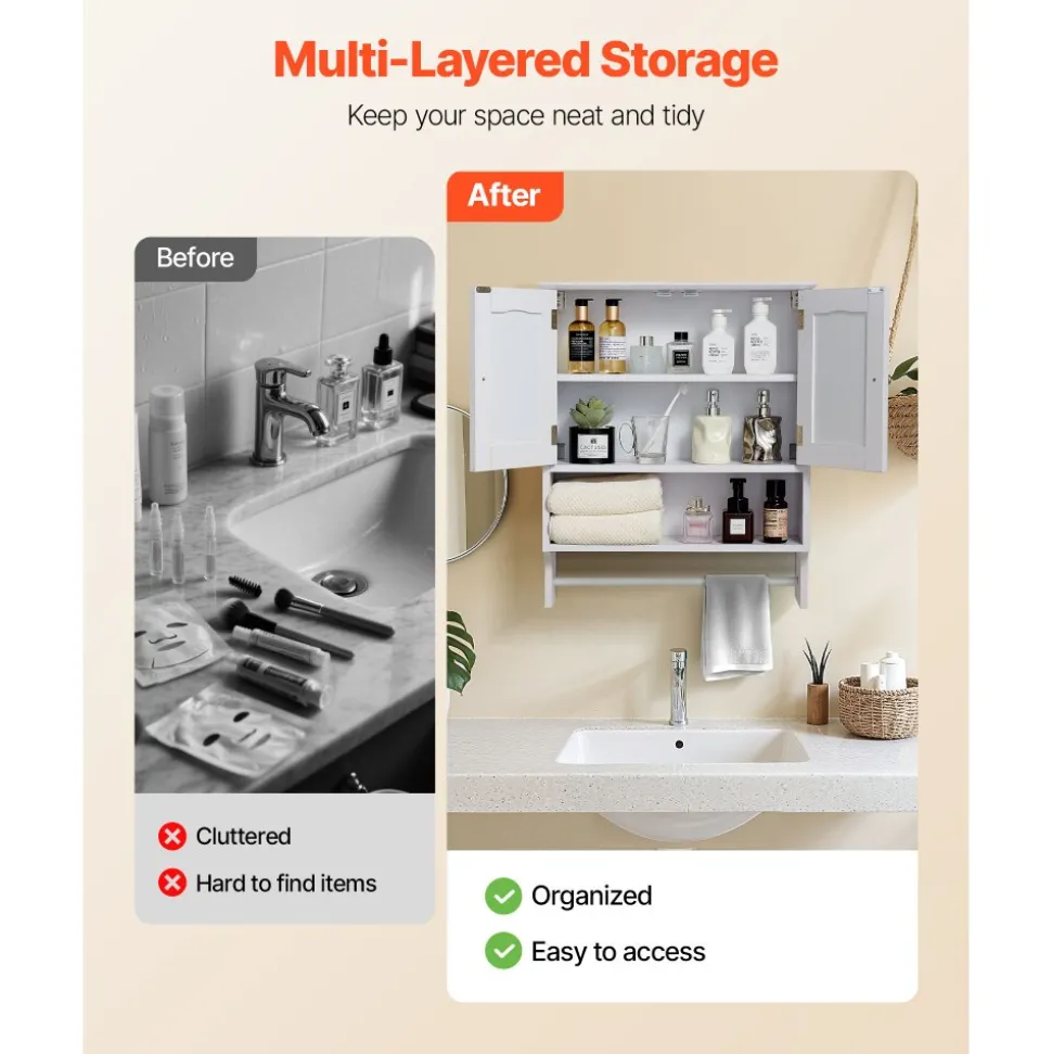 VEVOR Bathroom Wall Cabinet, 2 Doors and Adjustable Shelf, Over the Toilet Storage Medicine Cabinet Wall Mounted, Hanging Organizer with Open Partition and Towel Bar for Laundry Room Kitchen, White