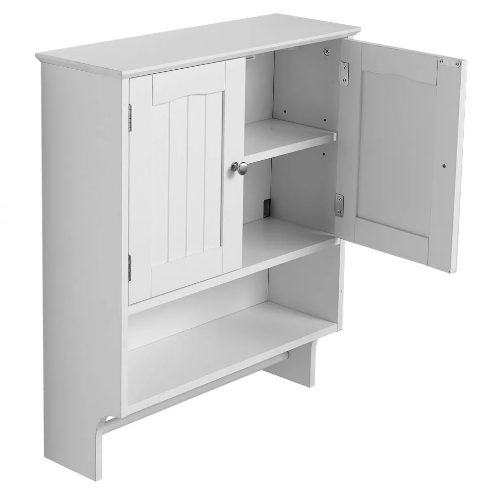 VEVOR Bathroom Wall Cabinet, 2 Doors and Adjustable Shelf, Over the Toilet Storage Medicine Cabinet Wall Mounted, Hanging Organizer with Open Partition and Towel Bar for Laundry Room Kitchen, White