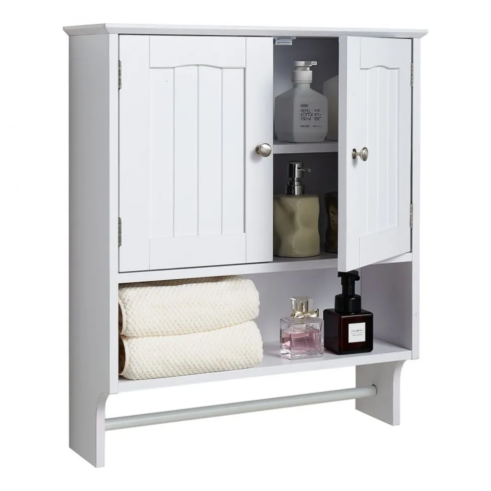 VEVOR Bathroom Wall Cabinet, 2 Doors and Adjustable Shelf, Over the Toilet Storage Medicine Cabinet Wall Mounted, Hanging Organizer with Open Partition and Towel Bar for Laundry Room Kitchen, White