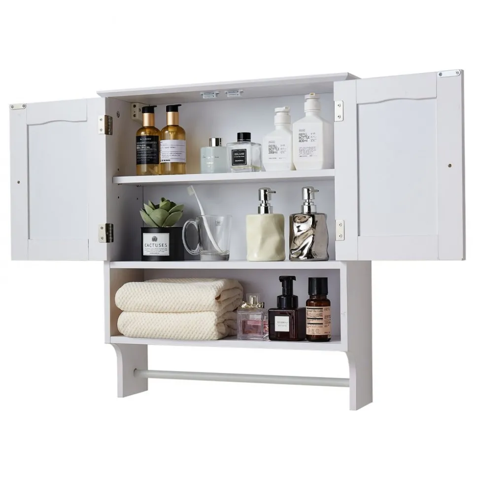 VEVOR Bathroom Wall Cabinet, 2 Doors and Adjustable Shelf, Over the Toilet Storage Medicine Cabinet Wall Mounted, Hanging Organizer with Open Partition and Towel Bar for Laundry Room Kitchen, White