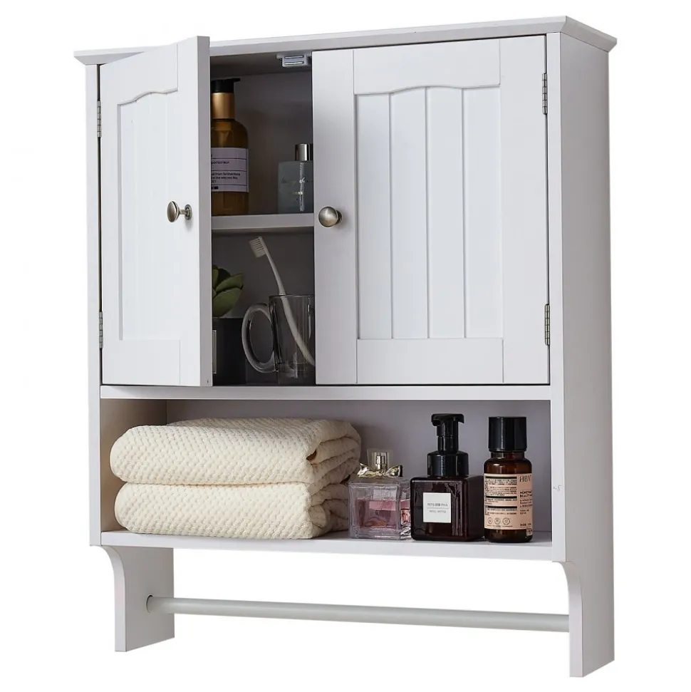 VEVOR Bathroom Wall Cabinet, 2 Doors and Adjustable Shelf, Over the Toilet Storage Medicine Cabinet Wall Mounted, Hanging Organizer with Open Partition and Towel Bar for Laundry Room Kitchen, White