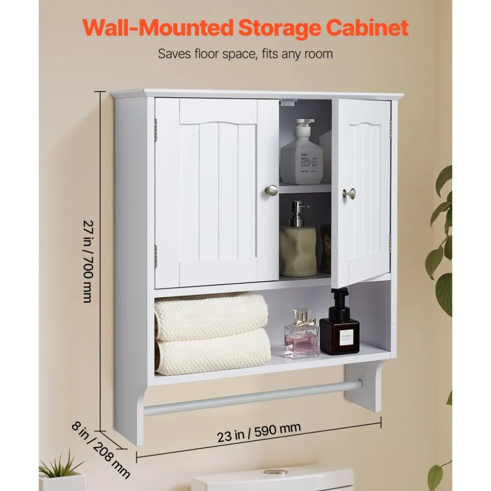 VEVOR Bathroom Wall Cabinet, 2 Doors and Adjustable Shelf, Over the Toilet Storage Medicine Cabinet Wall Mounted, Hanging Organizer with Open Partition and Towel Bar for Laundry Room Kitchen, White