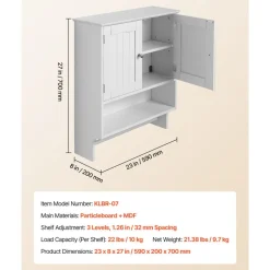 VEVOR Bathroom Wall Cabinet, 2 Doors and Adjustable Shelf, Over the Toilet Storage Medicine Cabinet Wall Mounted, Hanging Organizer with Open Partition and Towel Bar for Laundry Room Kitchen, White