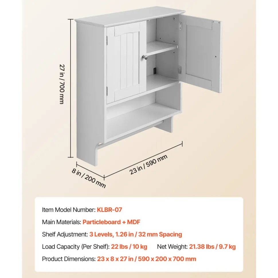 VEVOR Bathroom Wall Cabinet, 2 Doors and Adjustable Shelf, Over the Toilet Storage Medicine Cabinet Wall Mounted, Hanging Organizer with Open Partition and Towel Bar for Laundry Room Kitchen, White