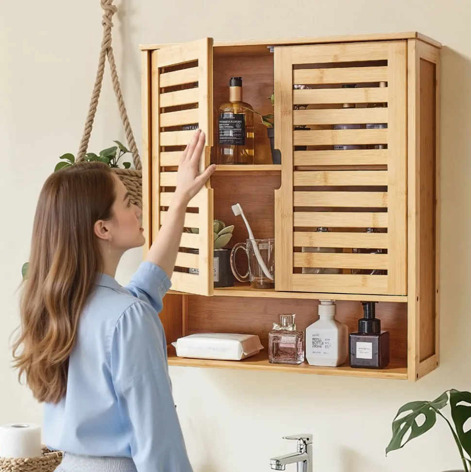 VEVOR Bathroom Wall Cabinet, 2 Doors and Adjustable Shelf, Over the Toilet Storage Medicine Cabinet Wall Mounted, Hanging Organizer with Shelves and Open Partition for Laundry Room Kitchen Restroom